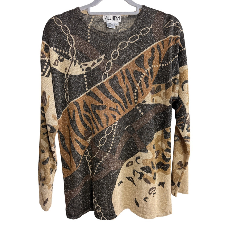 Vintage 90s Awina Silk Metallic Animal Print Chain Knit Sweater Top M Gold Black